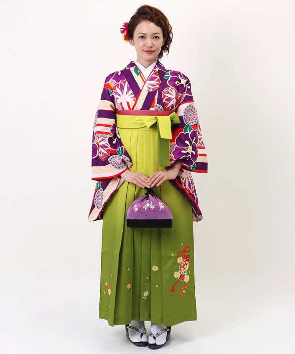 卒業式袴レンタル | 紫の縦縞に椿 黄緑暈し刺繍袴