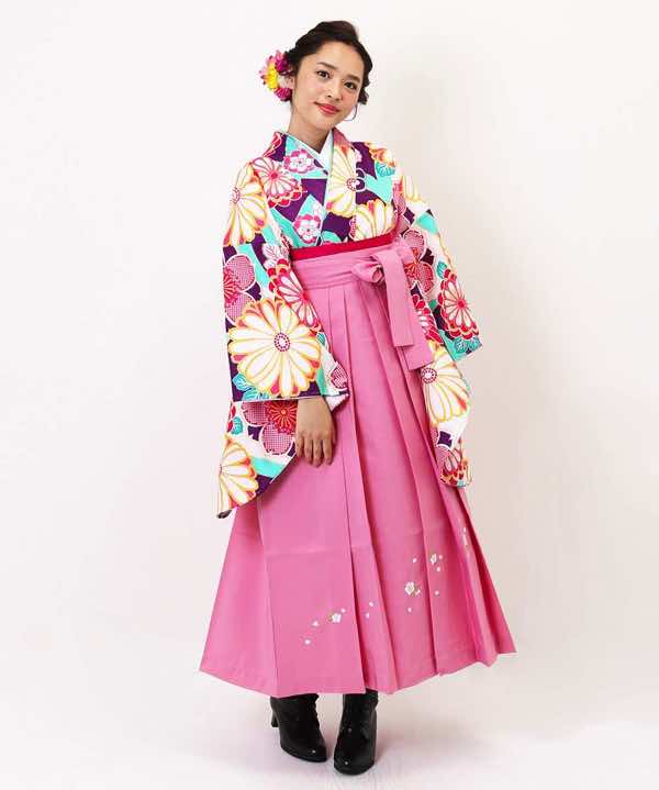 卒業式袴レンタル 紫と水色地に華やかな花文様 ピンク刺繍袴 Hataori ハタオリ