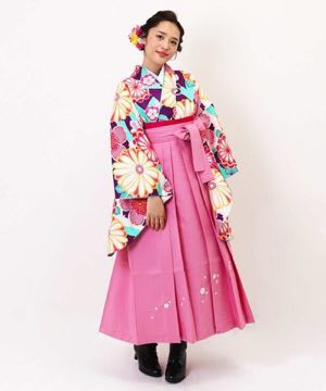 卒業式袴 | 紫と水色地に華やかな花文様 ピンク刺繍袴