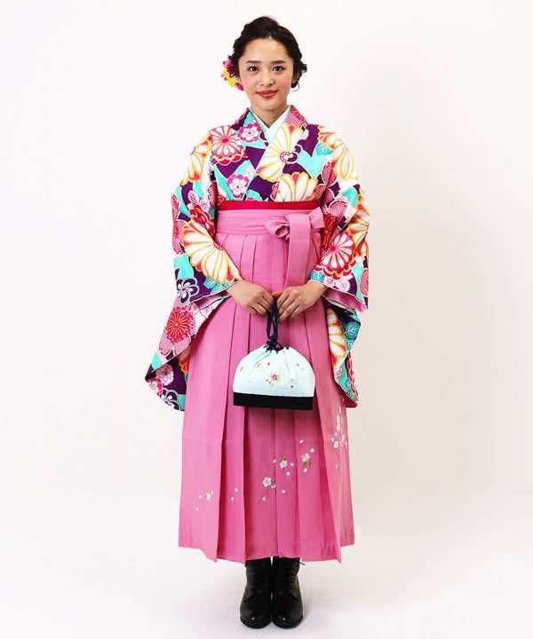 卒業式袴レンタル | 紫と水色地に華やかな花文様 ピンク刺繍袴