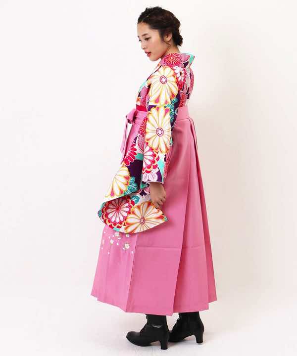 卒業式袴レンタル | 紫と水色地に華やかな花文様 ピンク刺繍袴