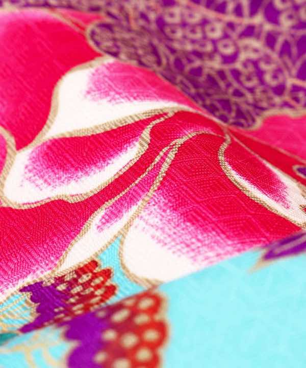 卒業式袴レンタル | 水色地にピンクと黄色の牡丹 ピンク刺繍袴