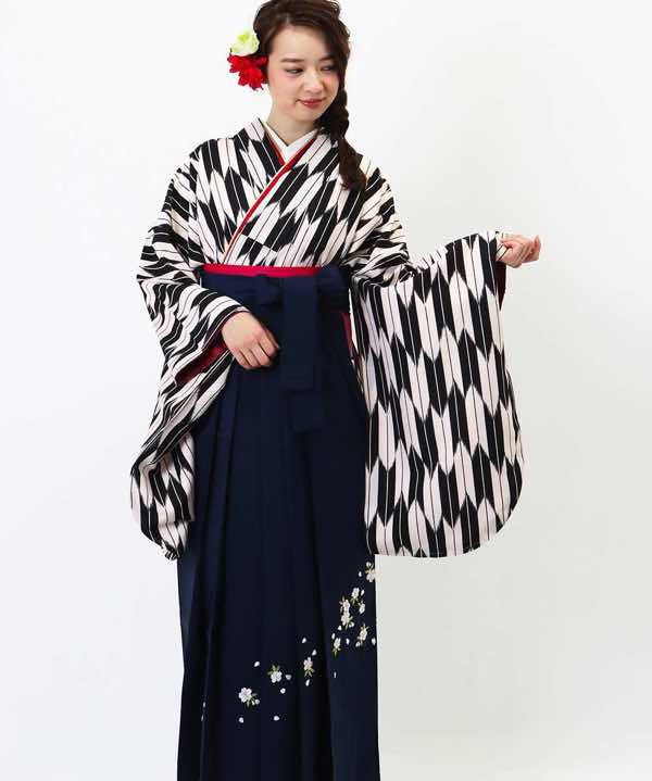 卒業式袴レンタル | 白黒の矢絣 濃紺刺繍袴 | hataori(ハタオリ)