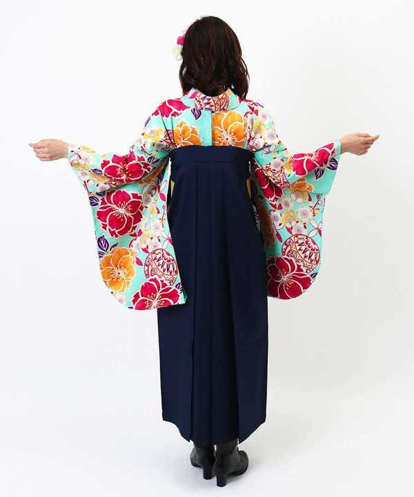 卒業式袴レンタル | 空色地に大輪と鞠 濃紺刺繍袴