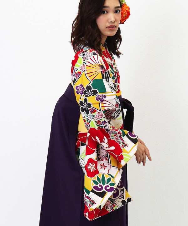 卒業式袴レンタル | 格子模様に椿・桜・梅 濃紫刺繍袴