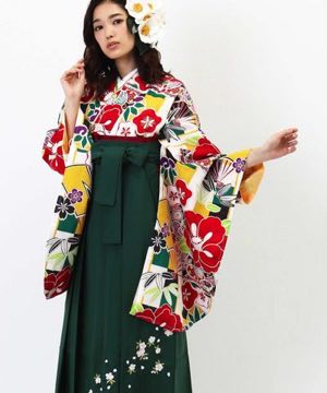 卒業式袴 | 格子模様に椿・桜・梅 深緑刺繍袴