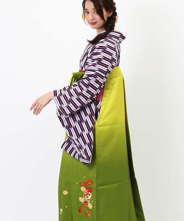 卒業式袴レンタル | 紫 小矢絣 黄緑暈し刺繍袴