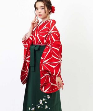 卒業式袴 | 赤の麻の葉 深緑刺繍袴