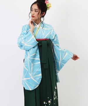 卒業式袴 | 水色の麻の葉 深緑刺繍袴