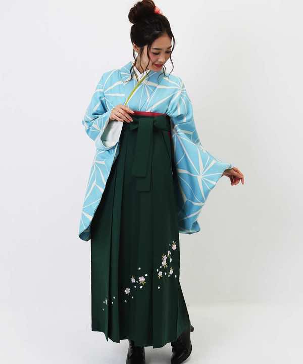 卒業式袴レンタル | 水色の麻の葉 深緑刺繍袴
