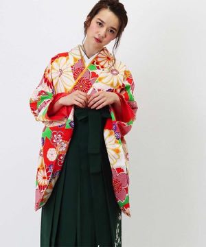 卒業式袴 | 朱色に華麗な花柄 深緑刺繍袴
