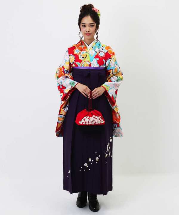 卒業式袴レンタル | マルチカラー 百合と亀甲 濃紫刺繍袴