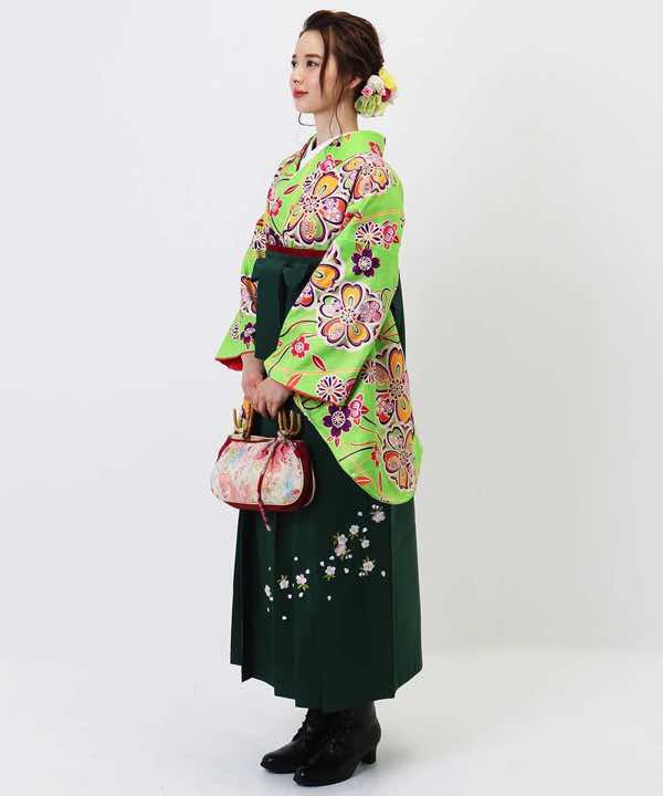 卒業式袴レンタル | 黄緑色地に花結び 深緑刺繍袴