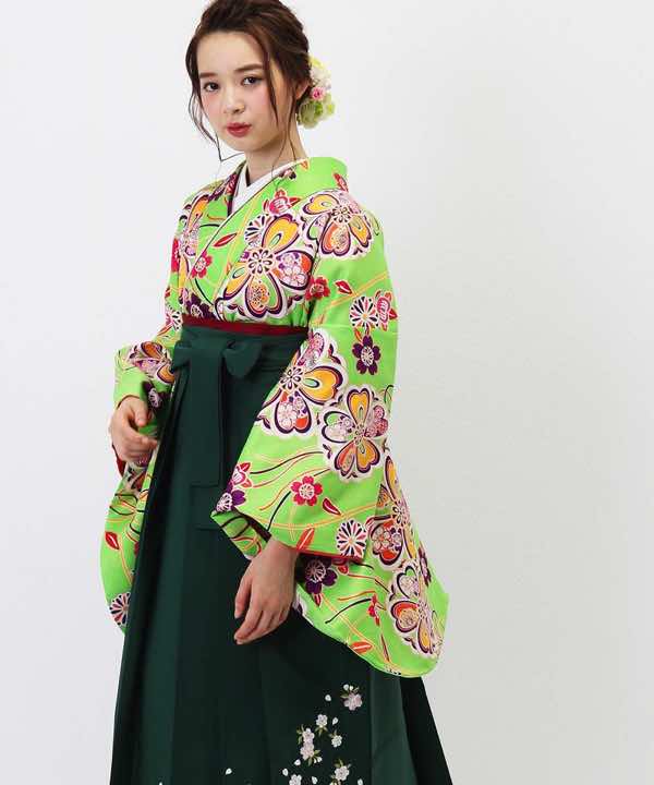 卒業式袴レンタル | 黄緑色地に花結び 深緑刺繍袴