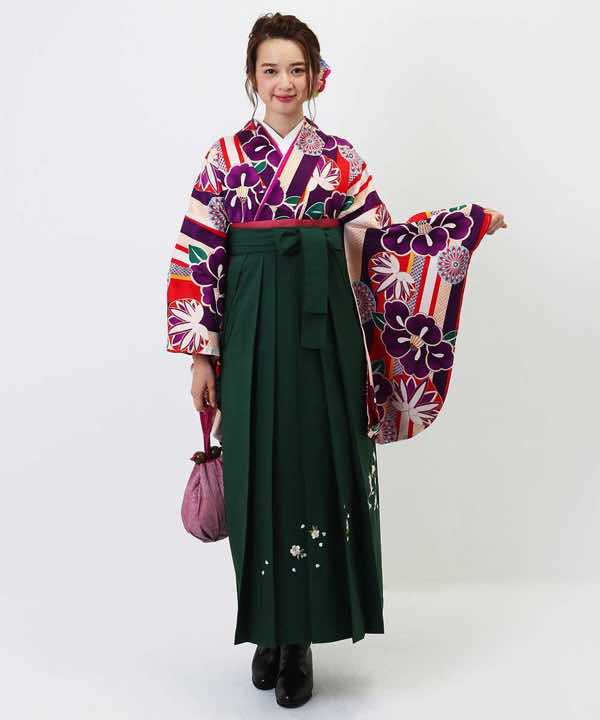 卒業式袴レンタル | 紫の縦縞に椿 深緑刺繍袴
