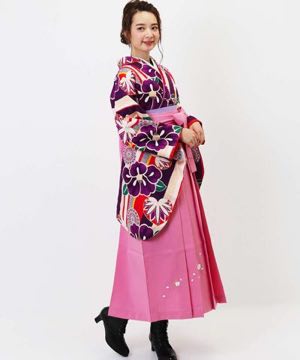 卒業式袴 | 紫の縦縞に椿 ピンク刺繍袴