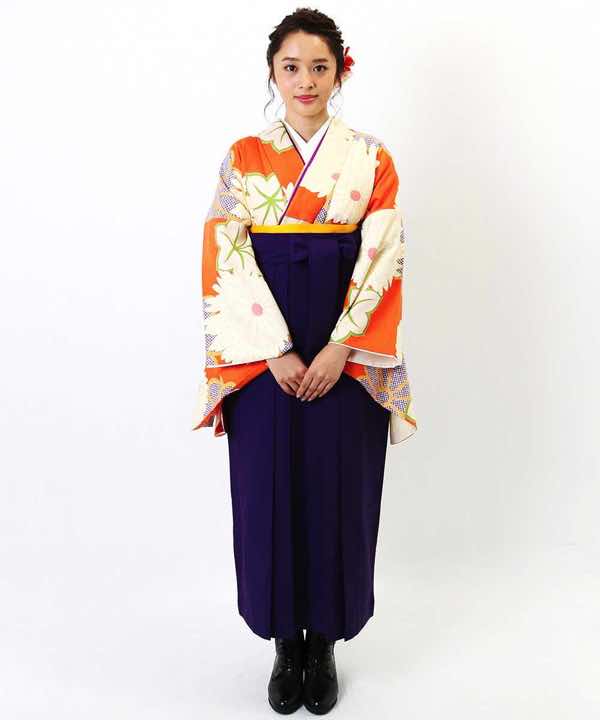 正絹 紬地 オレンジ 紫 着物 帯 - ファッション