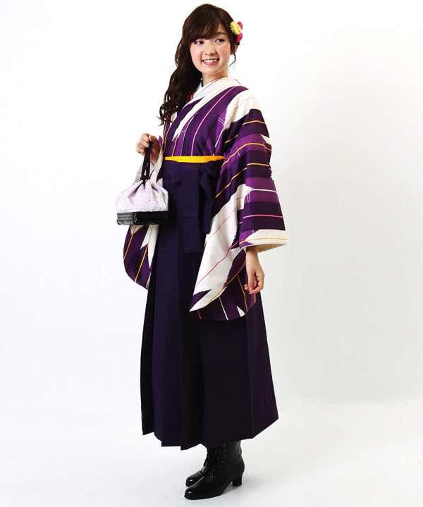 卒業式袴レンタル | オフホワイトと紫の矢絣 紫無地袴 | hataori(ハタオリ)