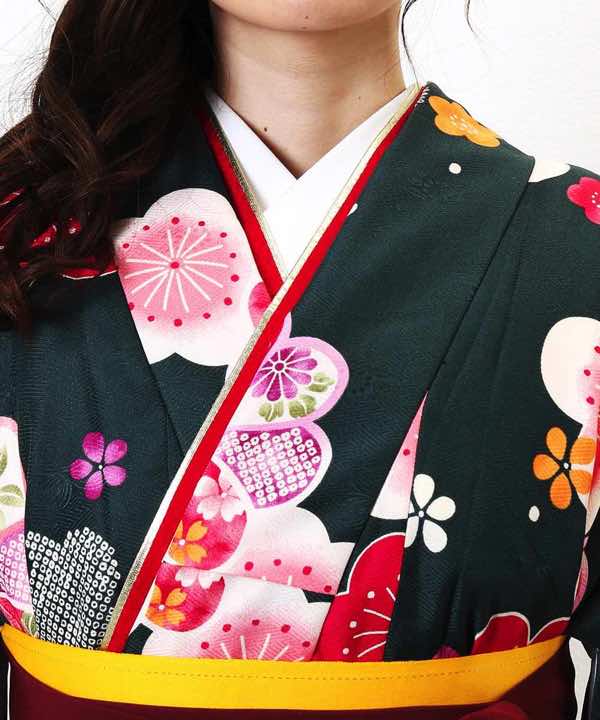 卒業式袴レンタル | 深緑地に梅 エンジ地桜刺繍袴