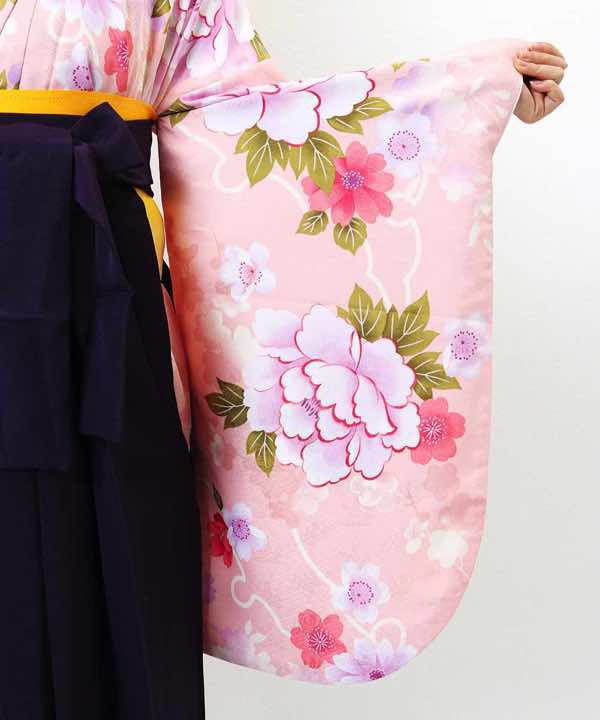 卒業式袴レンタル | ピンク地に牡丹と桜 大雪輪 紫無地袴