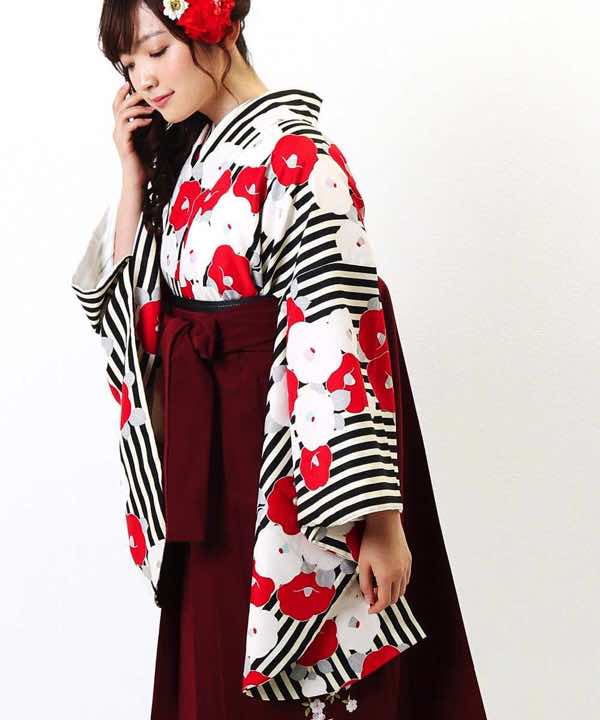 卒業式袴レンタル | 黒のストライプに紅白の椿 臙脂刺繍袴 | hataori ...