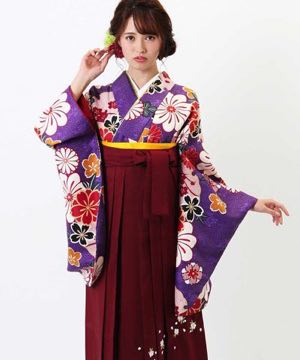 卒業式袴 | 紫地に花雪輪 エンジ地桜刺繍袴