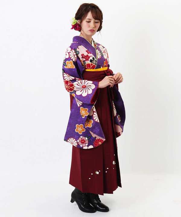 卒業式袴レンタル | 紫地に花雪輪 エンジ地桜刺繍袴