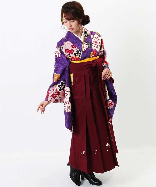 卒業式袴レンタル | 紫地に花雪輪 エンジ地桜刺繍袴