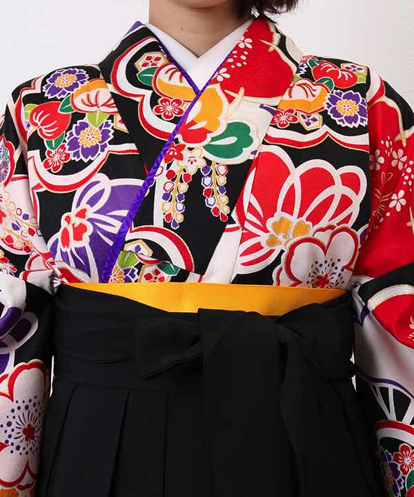 卒業式袴レンタル | 黒地に満開の梅の花 刺繍入り黒袴(L)