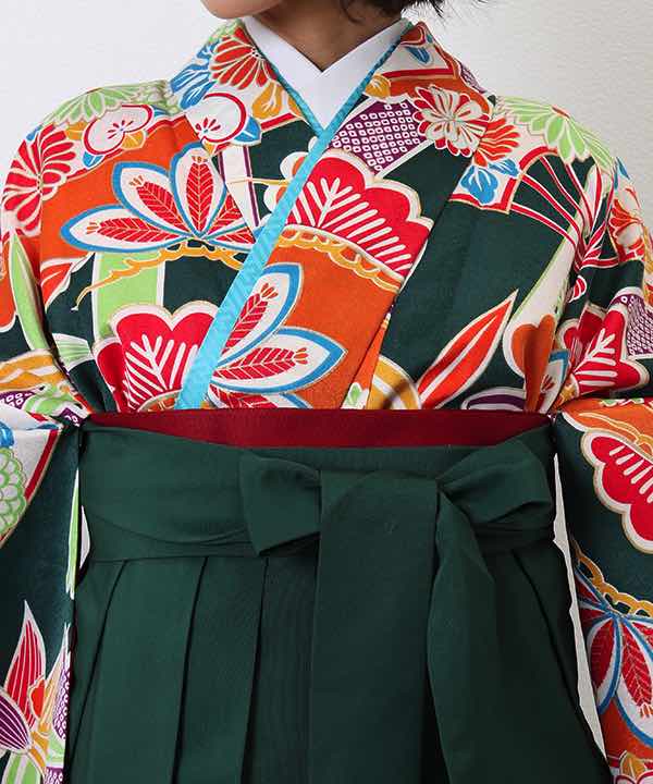 卒業式袴レンタル | 緑地に竹と菊と扇文 刺繍入り緑袴(L)