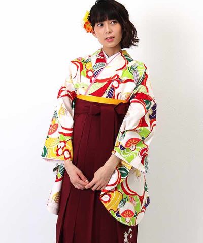 卒業式袴レンタル | 白地にカラフルな花と色紙 刺繍入り臙脂袴(L)