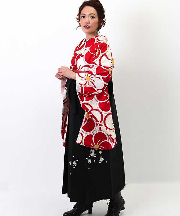 卒業式袴レンタル | 白地に大輪の紅白梅文様 刺繍入り黒袴(S)