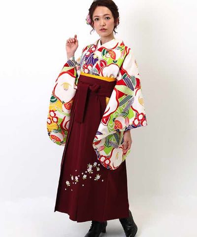 卒業式袴 | 白地にカラフルな花と色紙 刺繍入り臙脂袴(S)