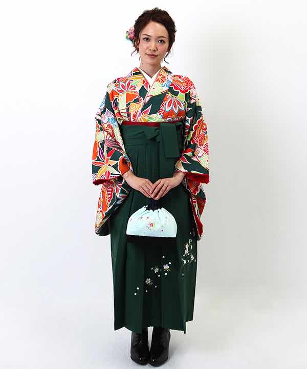 卒業式袴レンタル | 緑地に竹と菊と扇文 刺繍入り緑袴(S)