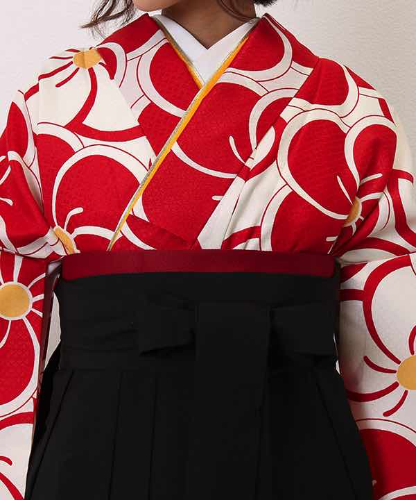 卒業式袴レンタル | 白地に大輪の紅白梅文様 刺繍入り黒袴(L)