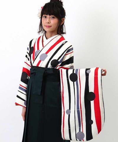 卒業式袴レンタル | 白地に三色の縞文様と水玉 刺繍入り深緑袴