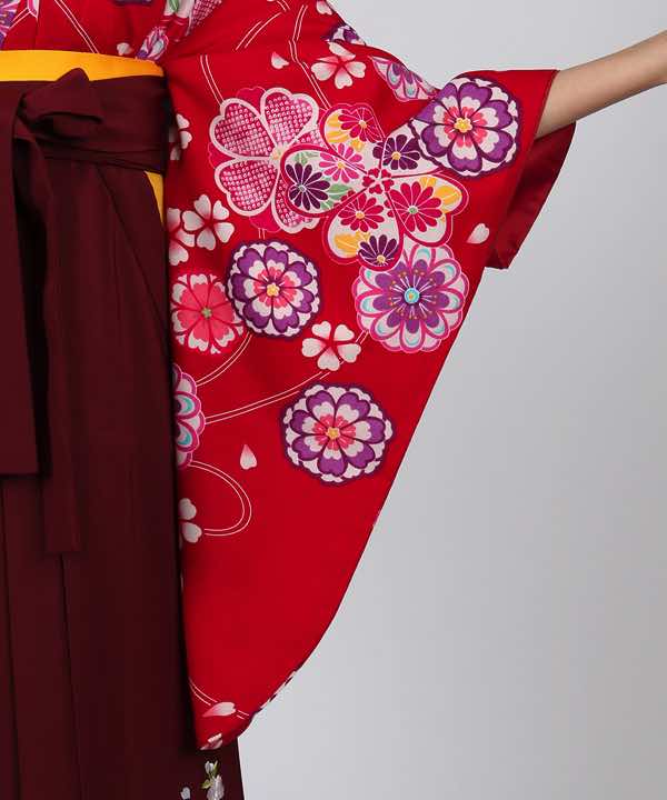 卒業式袴レンタル | 紅色地に菊と桜 刺繍入り臙脂袴