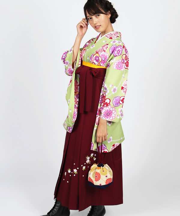 卒業式袴レンタル | 薄緑地に多彩な桜 刺繍入り臙脂袴