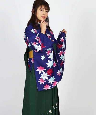 卒業式袴レンタル | 紺桔梗地に紅葉 刺繍入り緑袴