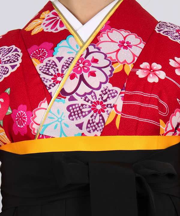卒業式袴レンタル | 赤地に花々 刺繍入り黒袴