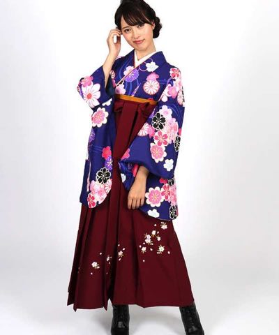 卒業式袴 | 紺桔梗地に桜 刺繍入り緑袴