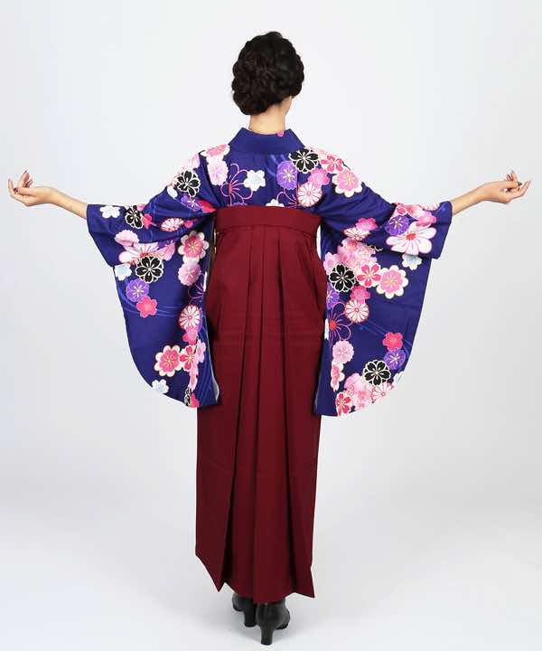 卒業式袴レンタル | 紺桔梗地に桜 刺繍入り緑袴
