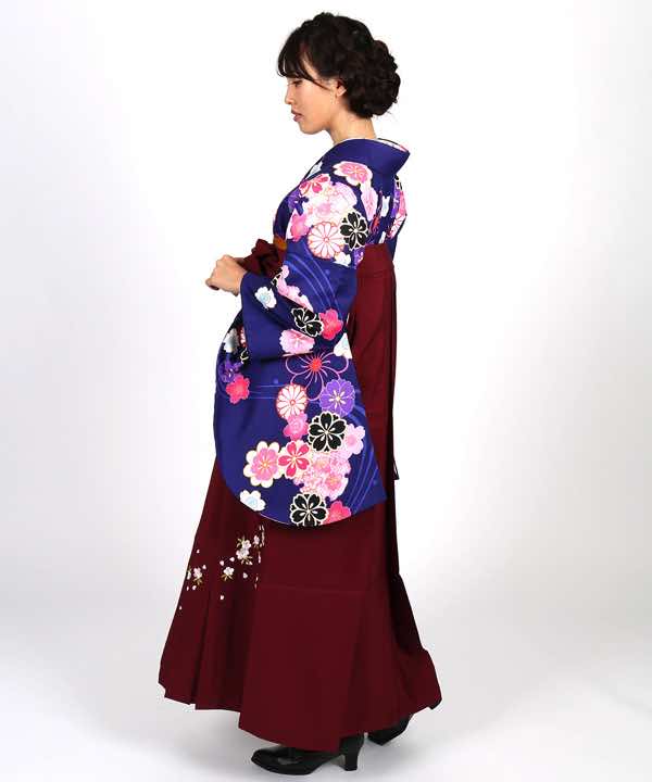 卒業式袴レンタル | 紺桔梗地に桜 刺繍入り緑袴