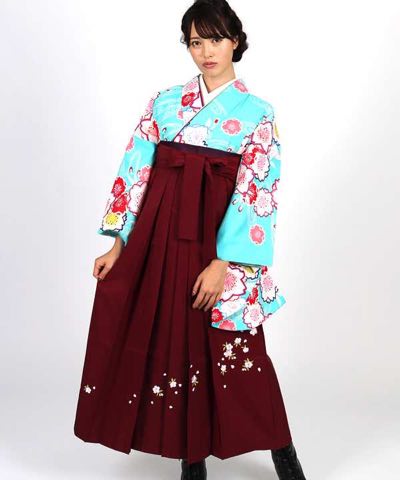 卒業式袴レンタル | 水色地に流水文と桜 刺繍入り臙脂袴
