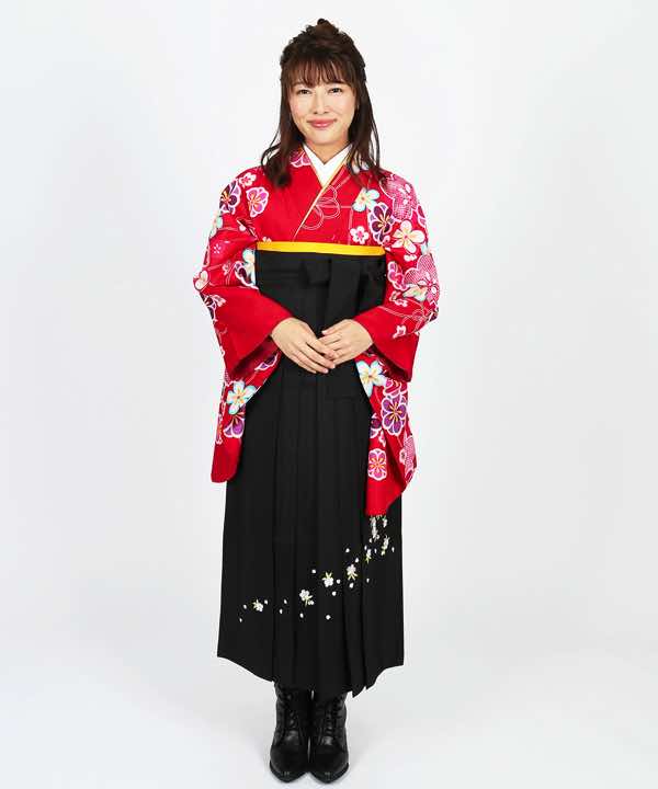 卒業式袴レンタル | 真朱色地に水引と梅 刺繍入り黒袴