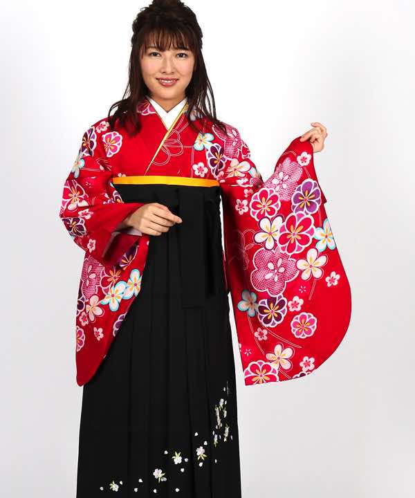 卒業式袴レンタル | 真朱色地に水引と梅 刺繍入り黒袴