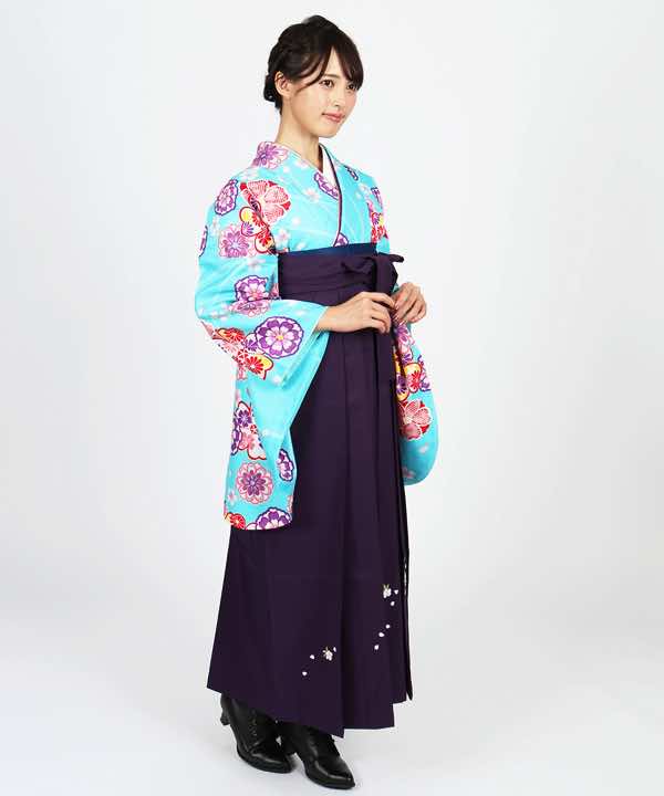 卒業式袴レンタル | 水色地に桜と菊 刺繍入り紫袴