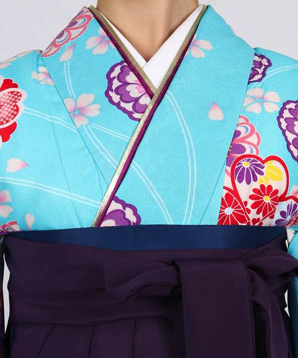 卒業式袴レンタル | 水色地に桜と菊 刺繍入り紫袴