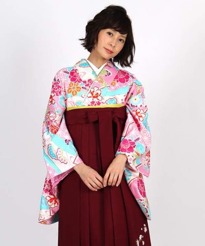 卒業式袴レンタル | 水色×ピンク 桜や牡丹に麻の葉文様 刺繍入り臙脂袴