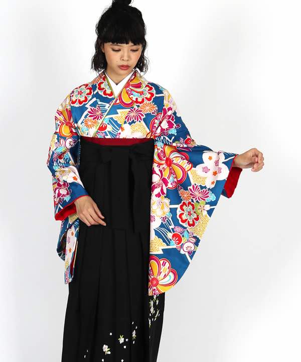 卒業式袴レンタル | 青地に菊と梅に桜 刺繍入り黒袴